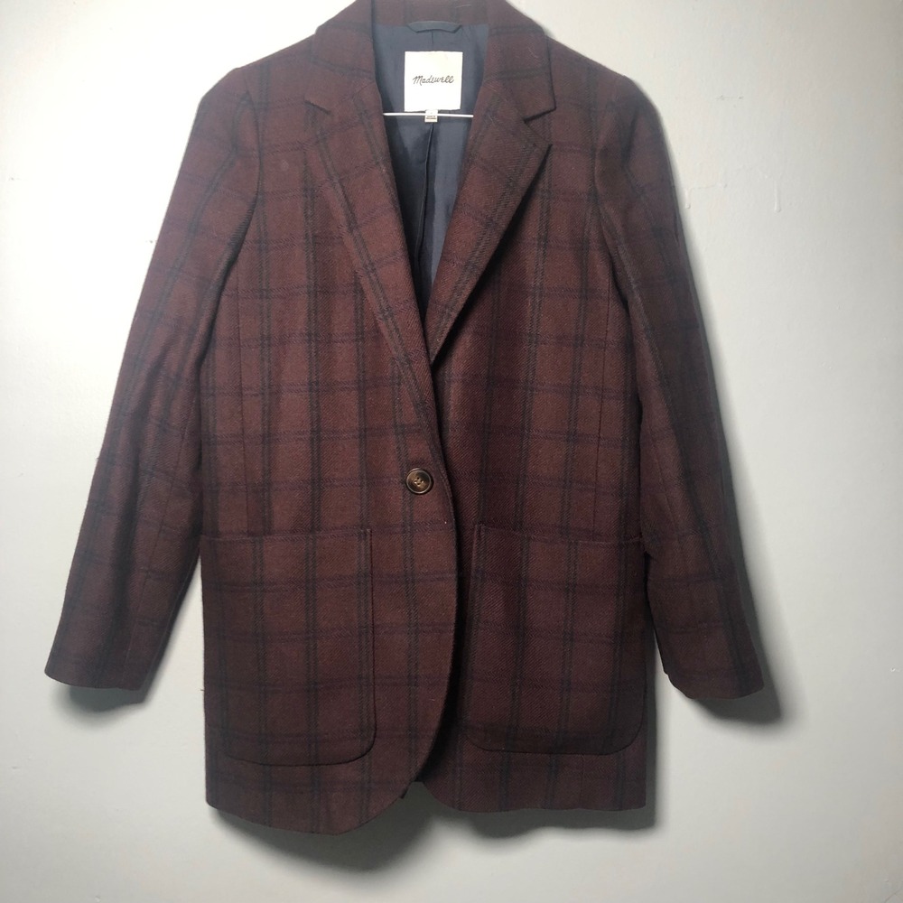 Madewell Caldwell Blazer Women Small Burgundy Plaid Wool Blend Single Button